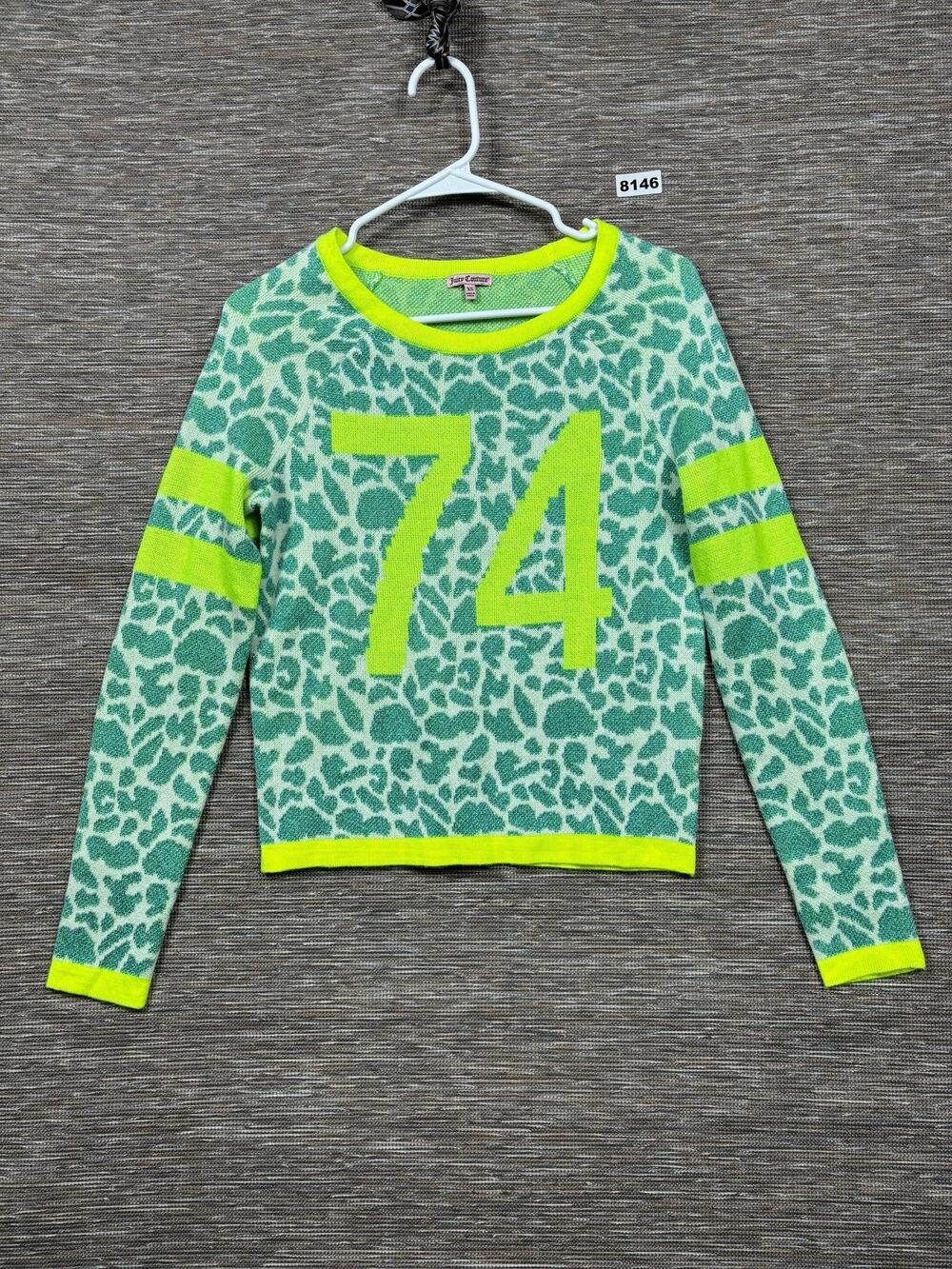 Juicy Couture Sweater Womens XS Neon Green Leopard 74 Varsity Knit Pullover